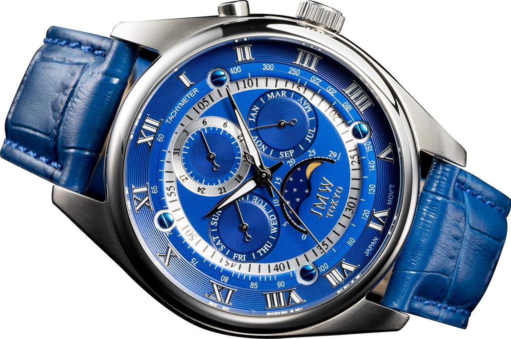 JMW TOKYO Moon Phase Watch 100m Water Genuine Leather Roman Blue Silver Limited Edition of 300 Perfect Day Gift Men's [Japanese Movement] Resistant,