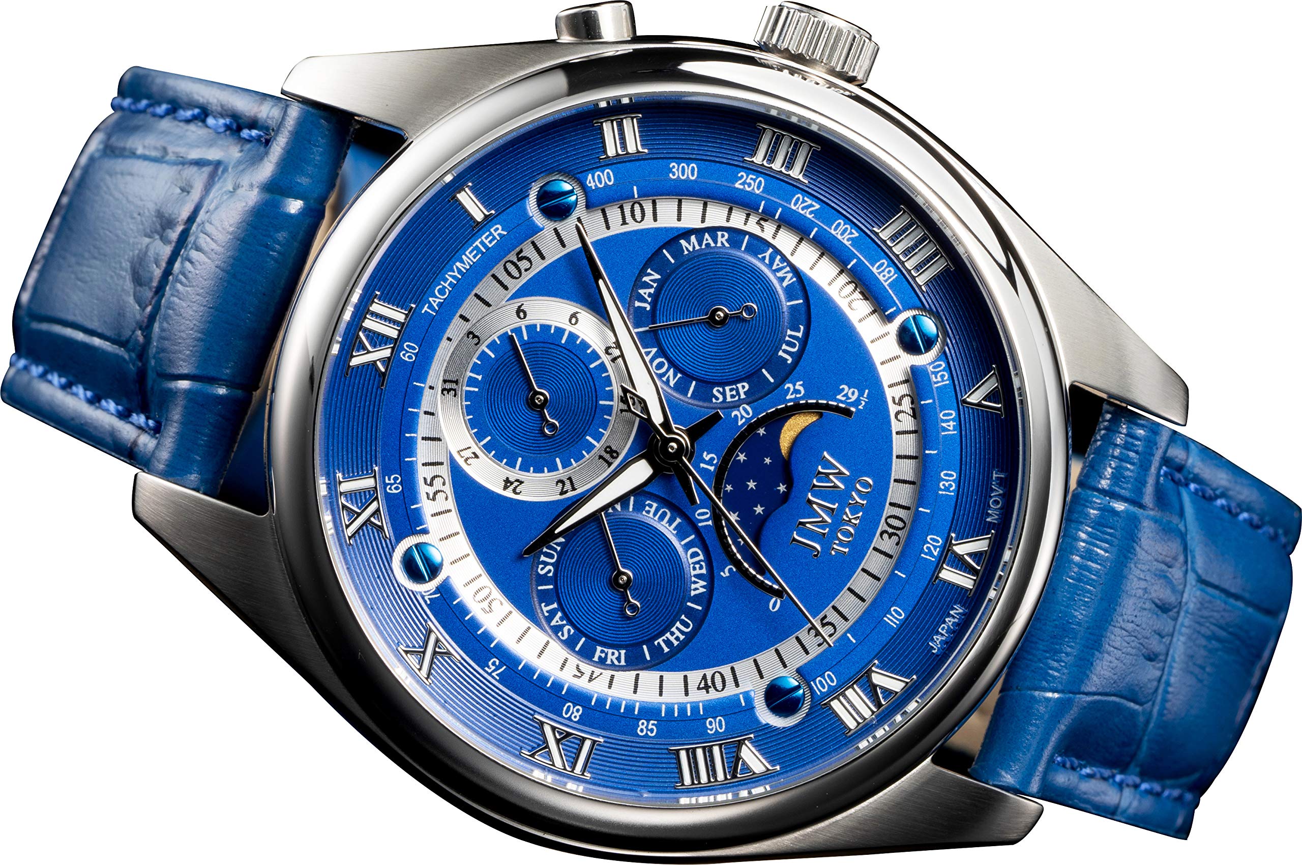 

JMW TOKYO Часы с фазой Луны 100 м Водонепроницаемые Натуральная Кожа Римские Синие Серебристые Ограниченная Серия из 300 Идеальный Подарок на День Мужские [Японский Механизм] Устойчивые,