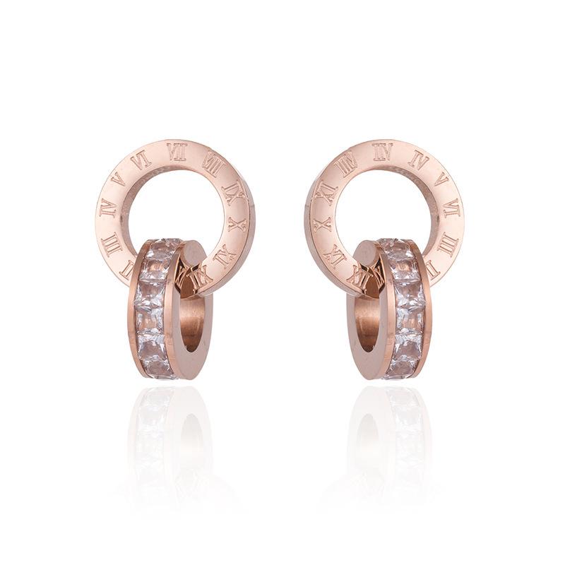 Rose Gold Titanium Steel Diamond Stud & Double Ring Dangle Earrings for Women
