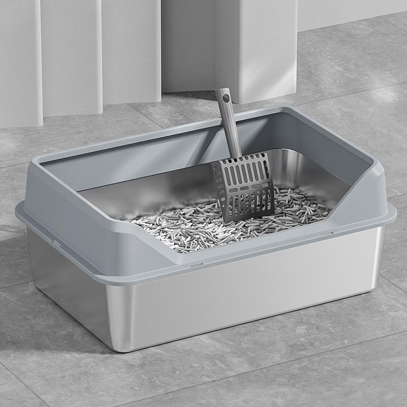 Stainless steel cat litter box - extra large with elevated fence - cat feces container - semi-enclosed cat toilet - pet supplies - cat litter scoop