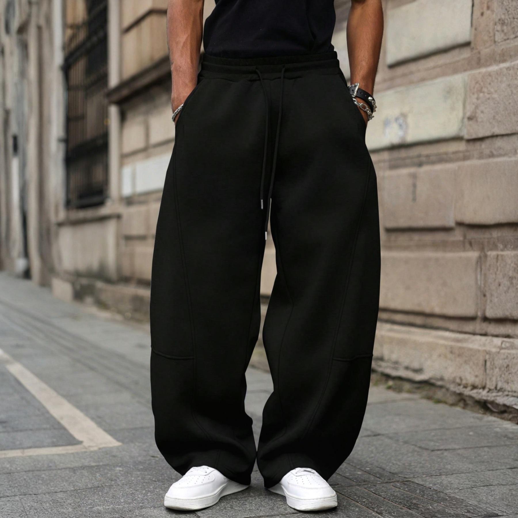 Herren Weite Baggy Jogginghose Elastischer Kordelzugbund Lockerer Gerader Schnitt Streetwear Hip Hop Freizeit Jogginghosen mit Taschen M schwarz