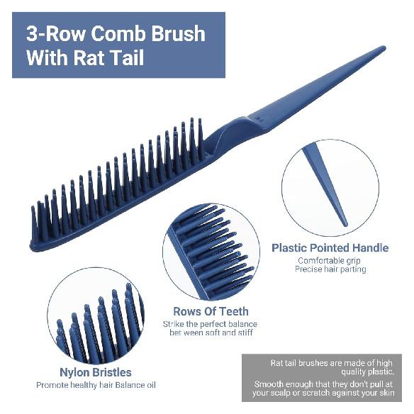 3 Row Comb for Natural Hair, Three Row Comb for Styling, Braid Remover, Detangling, Women, Men (Black, Blue)