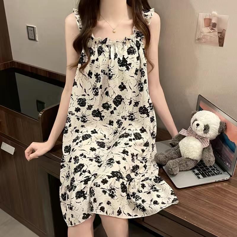 Schlafrock, weiblich, Sommer, süß, süß, Sling-Pyjama, mittellang, Nachtwäsche, Kleid, Homewear, ärmellose Pyjama-Sets für Frauen