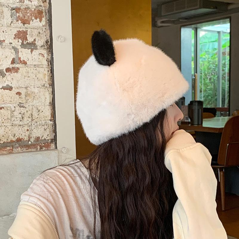 Cute Bear Hat for Women In Autumn and Winter Fur One Piece Ear Protection Plush Hat Warm Fisherman Hat Basin Hat Slimming