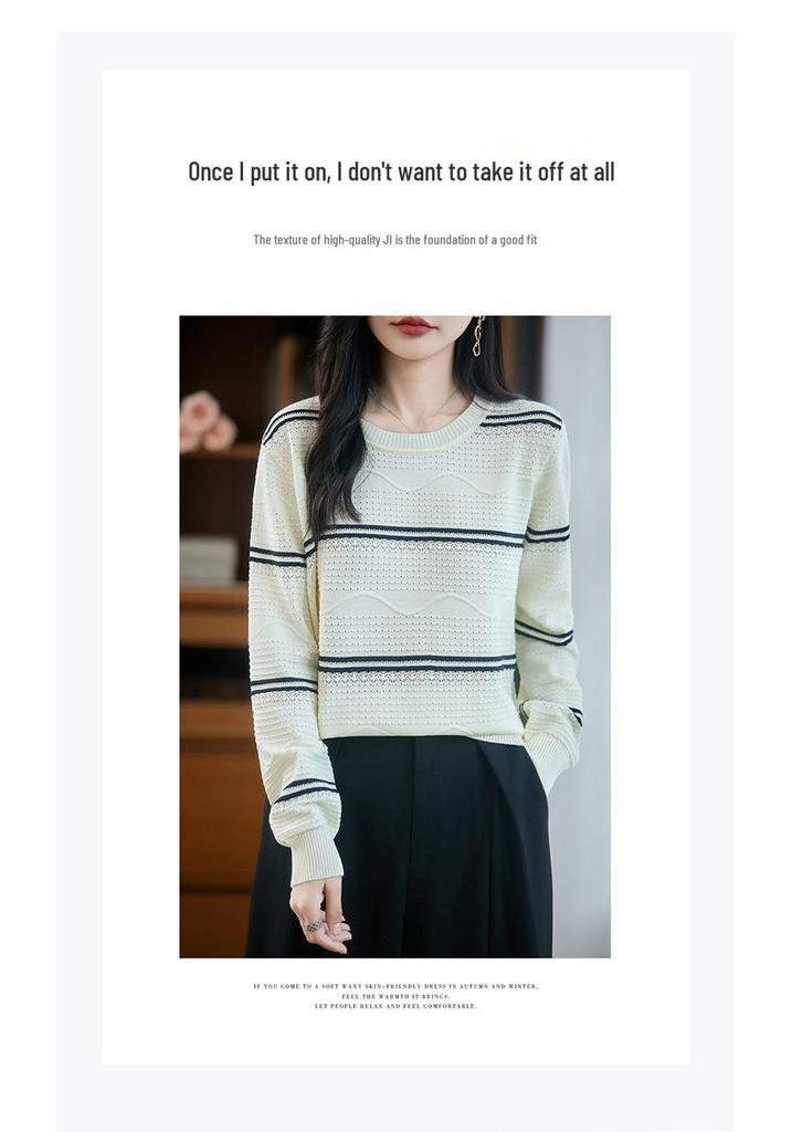 Korean Striped Crew Neck Long Sleeve Knit Sweater for Women - 2025 Autumn Loose Fit