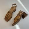 Sheepskin version~ retro versatile one-word belt leather high-heeled Roman shoes women's head open-toed high-end thick-heeled sandals