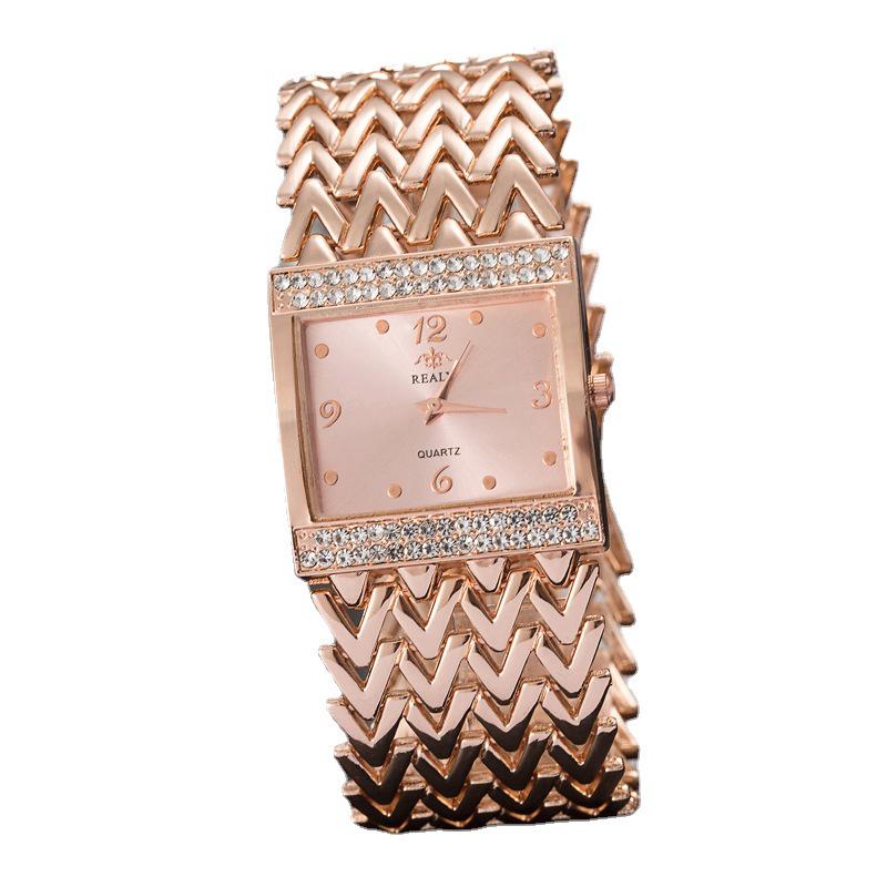Women's 3D Texture Bracelet Watch with Wide Band & Double Row Czech Diamonds