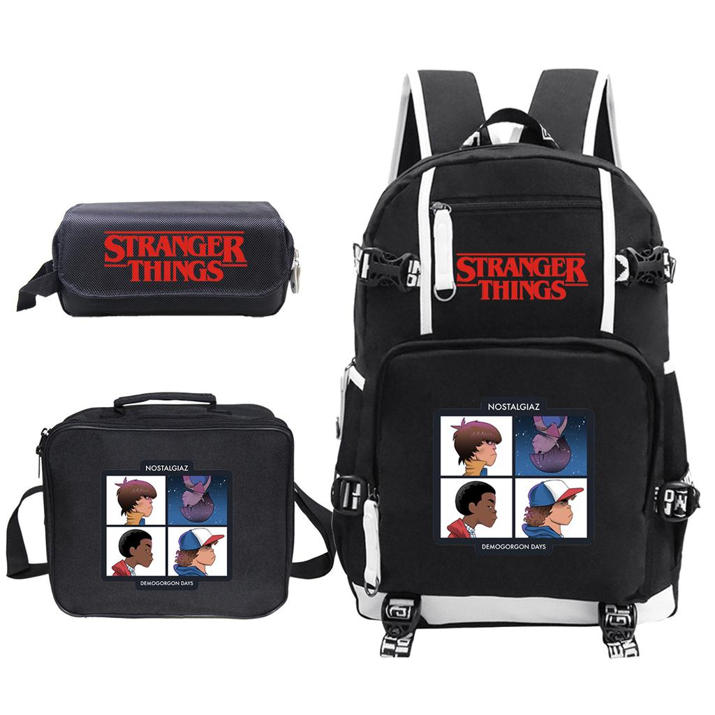 Stranger Things American Drama Peripheral Three-Piece Double Zipper Pencil Bag Student School Bag Lunch Box Bag