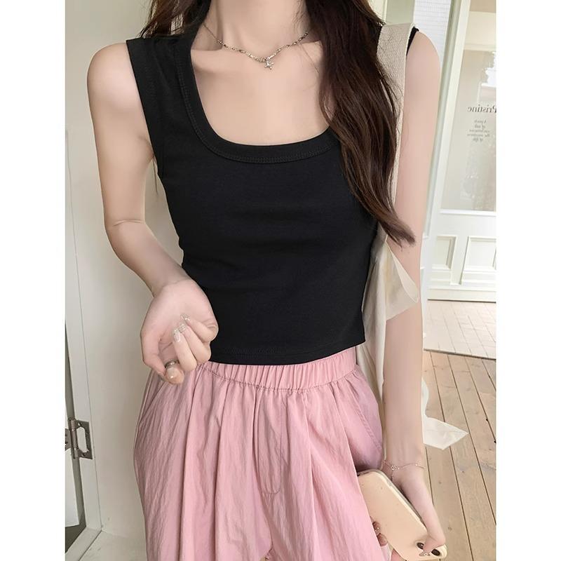 Korean Version of Sweet Girl Dopamine Solid Color Short Sleeveless Top, White and Versatile U-neck Summer Women's Vest