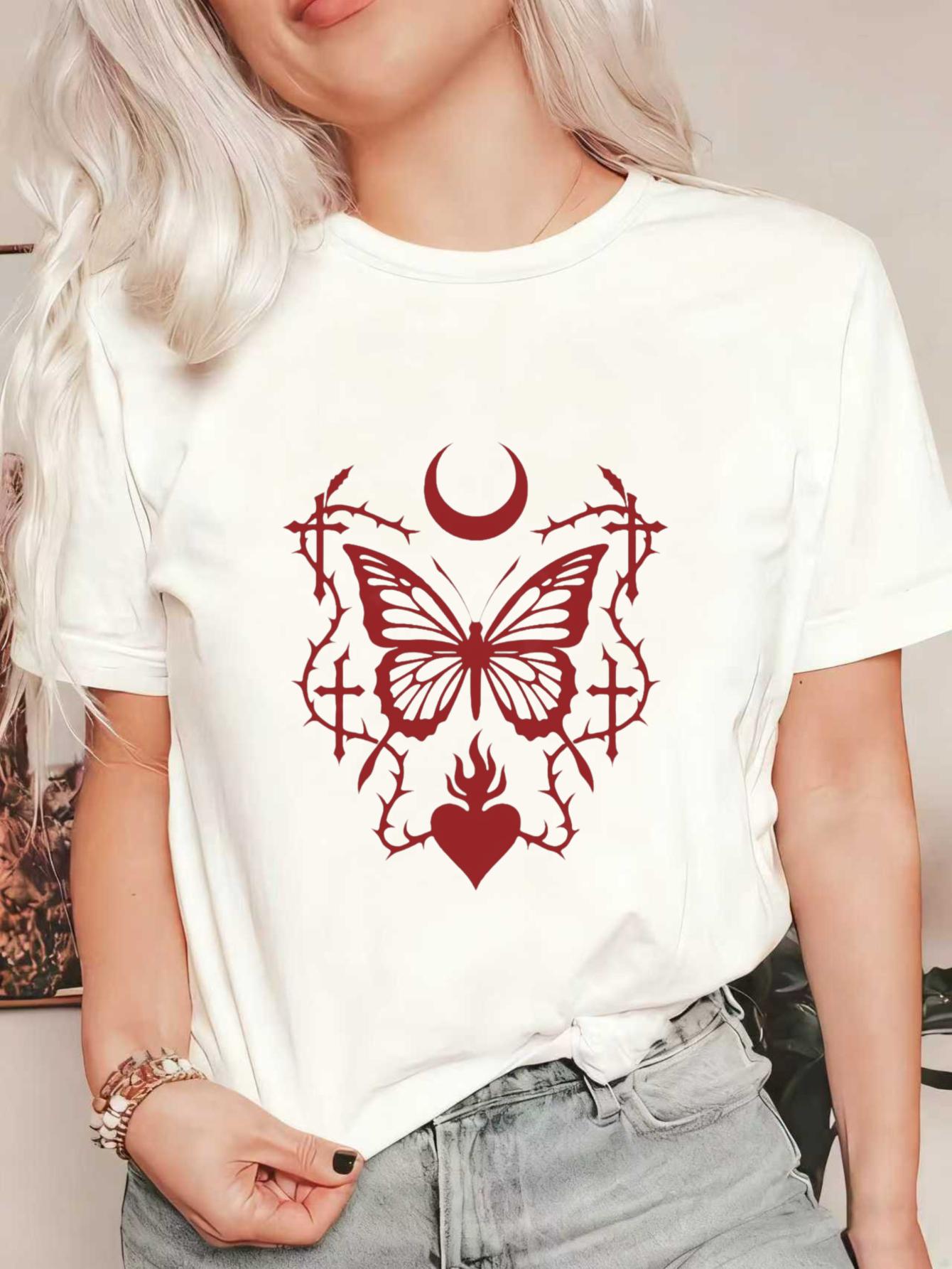 

Black Oversized T Shirt With Red Butterfly Moon And Heart Print For Casual Wear XXXXL белый