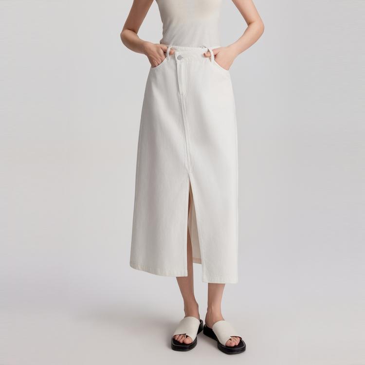 ELLE Petite Midi Denim Skirt French High-Waisted Split Casual Long Skirt Women Skirts White L7SRL001