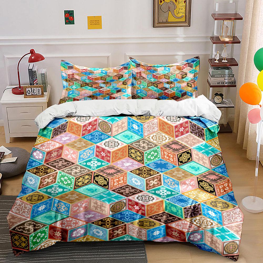 Colorful geometric pattern cubes arrangement Bedding Set for Kids Luxury Gift 3pcs Digital Print Comforter Set Soft Comfortable