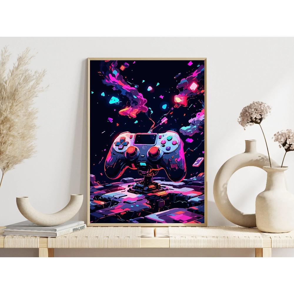 Retro-Futuristic Gaming Setup Posters Neon Lights Basket Ring Game Room Modern Prints Canvas Wall Picture Home Living Room Decor