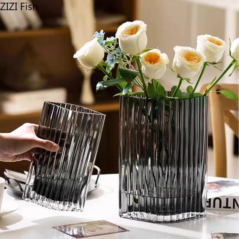 Vertical Grain Texture Glass Vase Hydroponics Plant Pots Table Decoration Flower Arrangement Floral Vases Room Aesthetic Decor