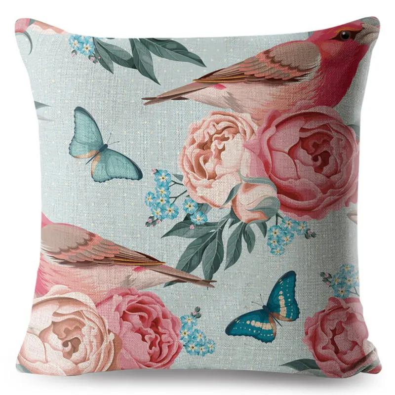 Vintage Flower Pillow Case Decor Blue Painting Flower Bird Pillowcase Polyester Cushion Cover for Sofa Car Home 45x45cm