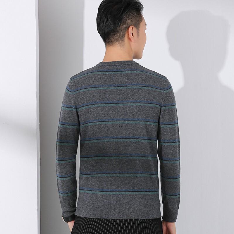 Yiliteng Men's Striped Pure Wool Round Neck Sweater