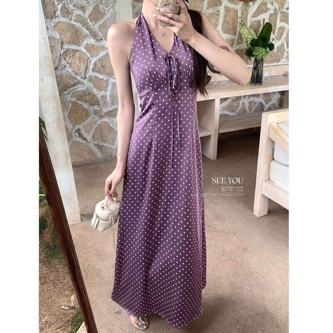 French Retro Polka Dot Sweetheart Halter V-neck Summer Backless Sleeveless Long Dress Small