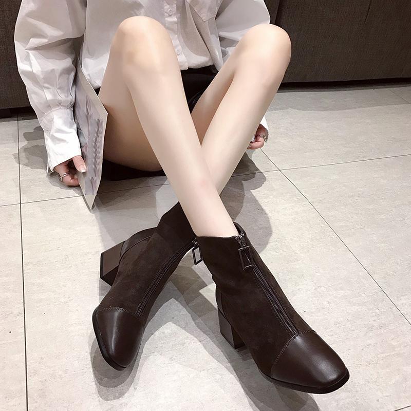 Women's Fashion Mid Boots Fashionable Boots with Front Zipper Thick Heel Suede Midsole Boots Leather Shoes Women's Shoes 35-40