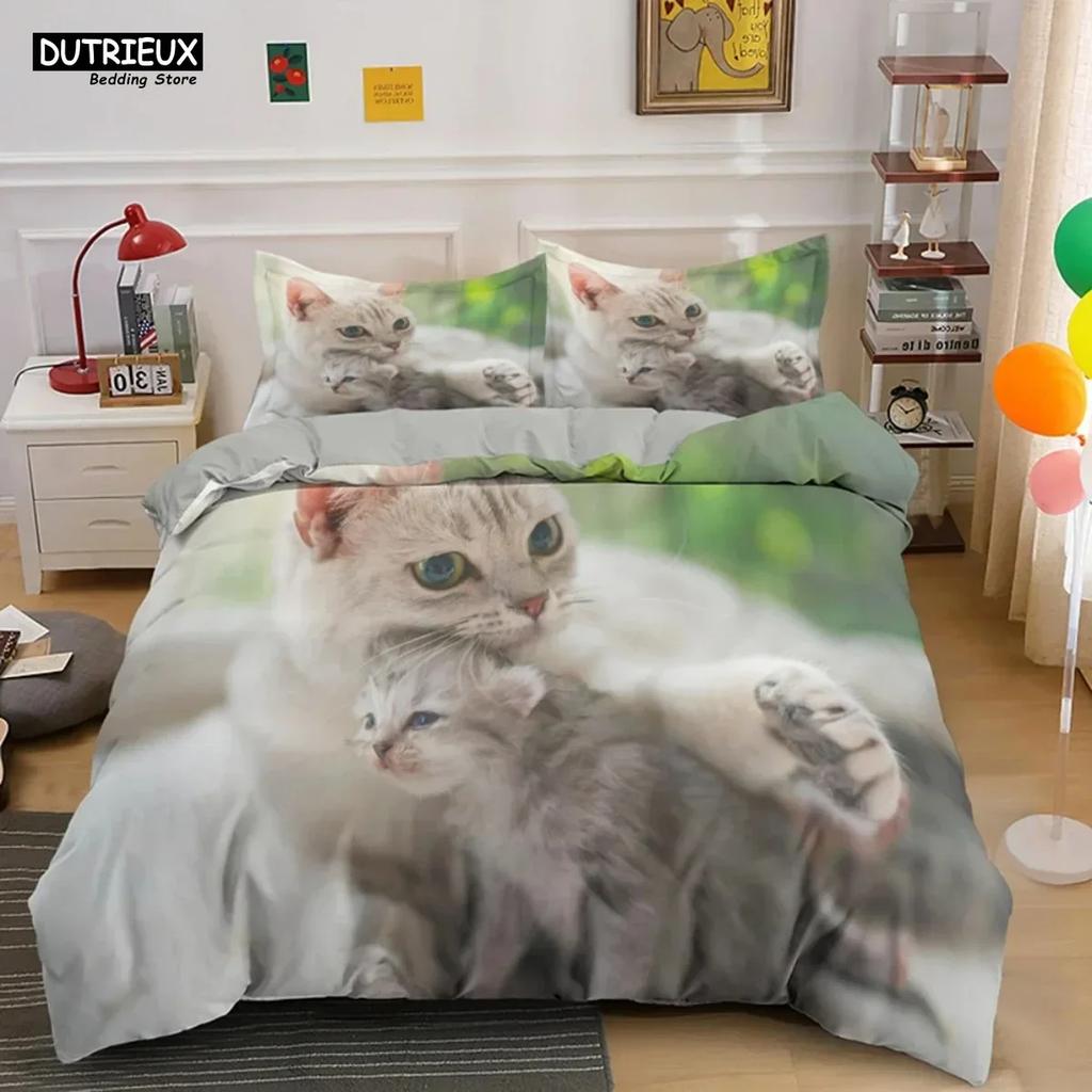 Comforter Cute Baby Cat White Black Kitten Bedding Set 3D Printed Suitable For Bedroom Kids Home Textile