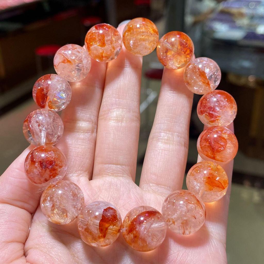 Natural Brazilian Red Phantom Quartz Beaded Bracelet with Floating Inclusions