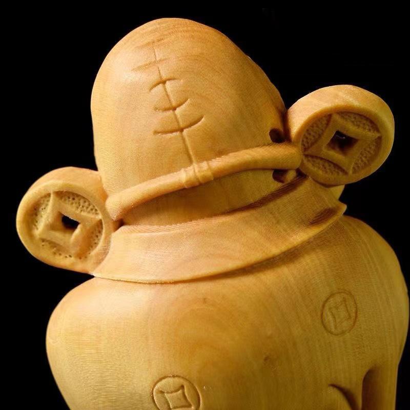 Wooden God of Wealth Characters  Small Statue Solid Wood Hand Carving  Home Room Office Lucky Feng Shui Characteristics Statue