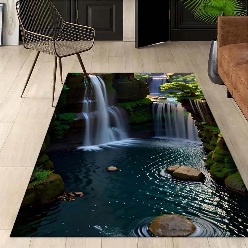 3D Wasserfall-Landschaft Teppich Stufe Natur Fußmatte Rutschfest Realistischer Teppich für Wohnzimmer Schlafzimmer Flur Kreative Heimdekoration