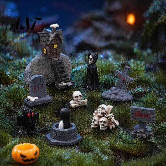 Secret Room Micro Scenery Halloween Miniature Resin Ornaments, Landscape Desktop Decor, Horror Ghost Tombstone Figures Scene Accessories for Fish Tank