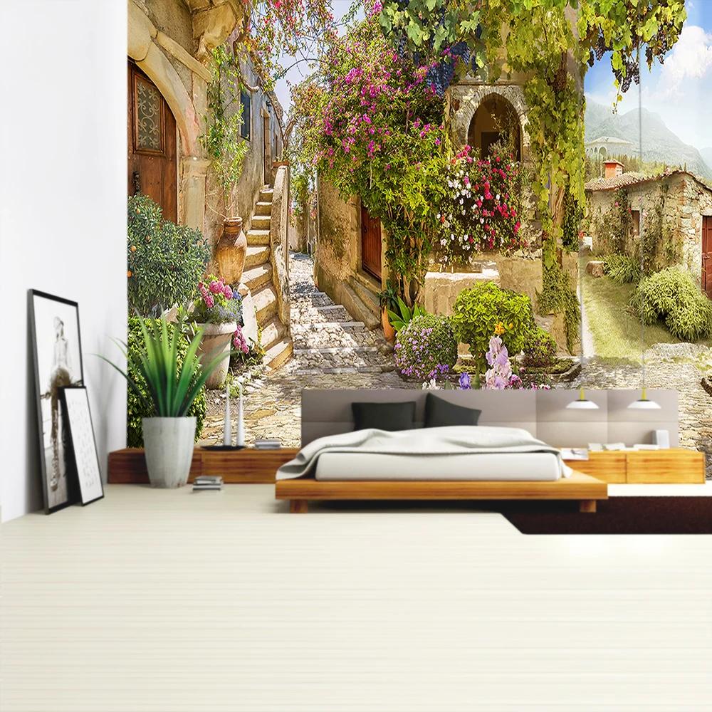 Balcony City Castle Hill Green Plant Landscape Printing Tapestry  Cheap Hippie Wall Hanging Bohemian Wall Tapestries