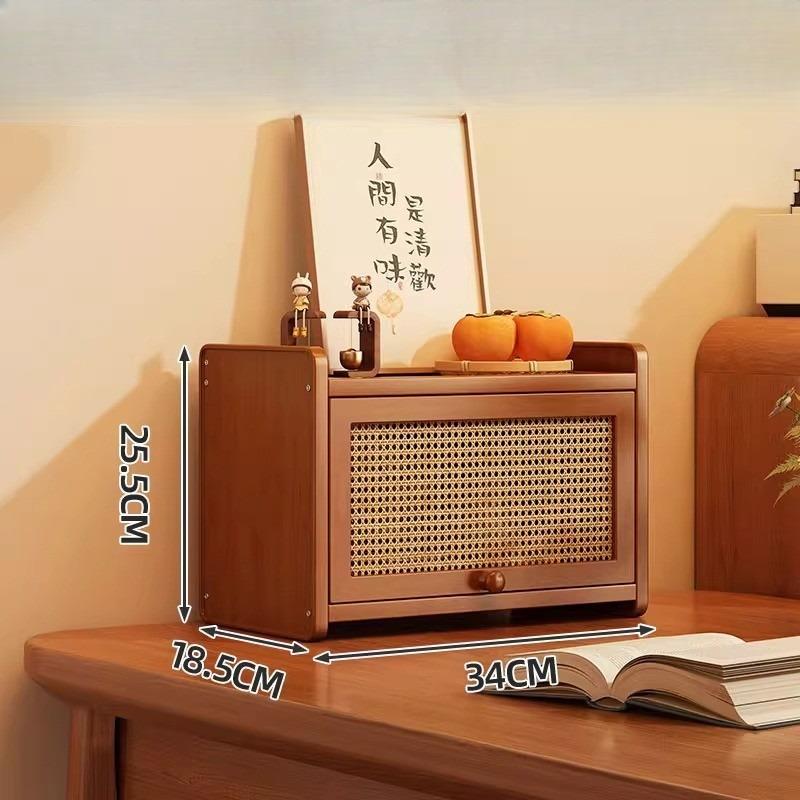 Armário de Armazenamento de Cozinha com Portas Decorativas em Rattan Sintético, Mini Armário de Armazenamento de Bancada de Bambu com Prateleira Organizadora com Porta Basculante, 1 peça