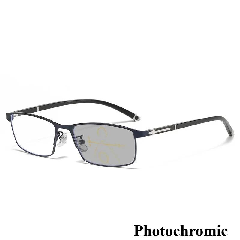 Men'S Classic Square Full Frame Photochromic Multifocal Reading Glasses Anti-Blue Light Far And Near Presbyopia Glasses