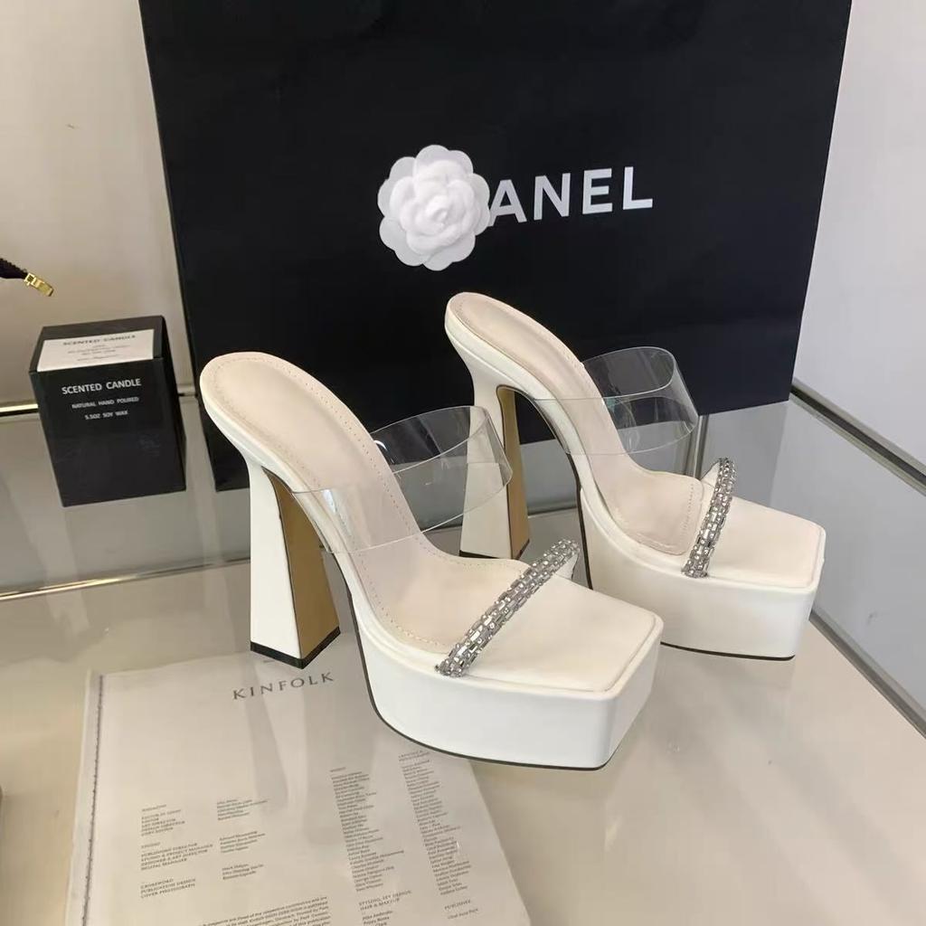 13CM Temperament Celebrity Waterproof Table with Sandals 2025 Summer New Thick Heel Transparent Rhinestone with High Heels