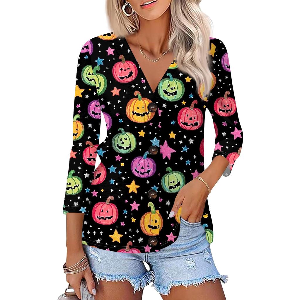Women's Fashion Casual Print Button-down Shirt 3/4 Long Sleeve Tops