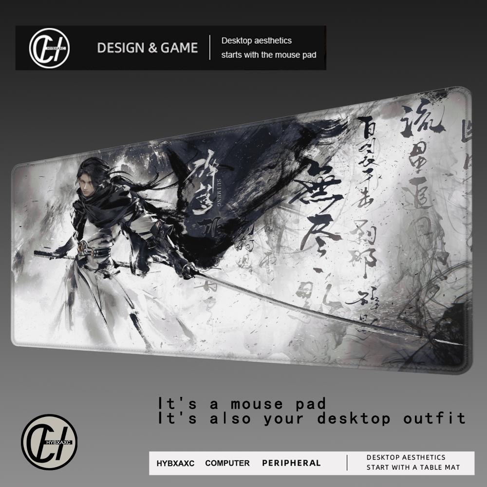 HYBXAXC Ink Warrior Mouse Pad XXL Anime Samurai Rug Gaming Pc Accessories 40x90cm Office Desks Aesthetic Mousepad Table Cushion
