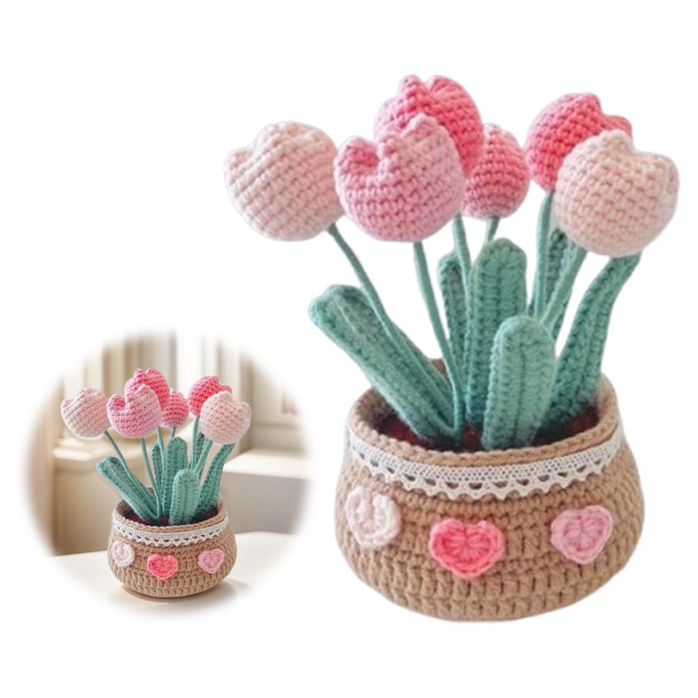 DIY Flower Potted Crochet Kit with Video Tutorials Artificial Small Potted Plants Hand Woven Knitting Kit for Sew Crafts Lovers