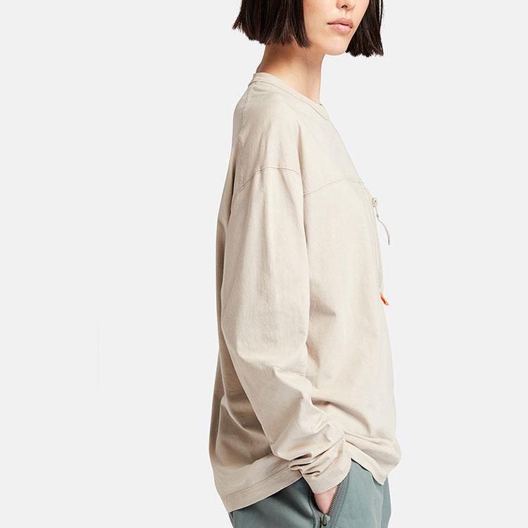 Timberland Front Pocket Zipper Outdoor Loose Long Sleeve T-Shirt Unisex Tops Sand A61B9-CY2