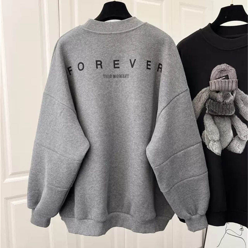 Sweatshirt Women Fleece-Lined Oversize Sweatshirt Winter Thickened Crew Neck Pullover Long Sleeve Mid-Length Loose Fit Top Sweatshirt