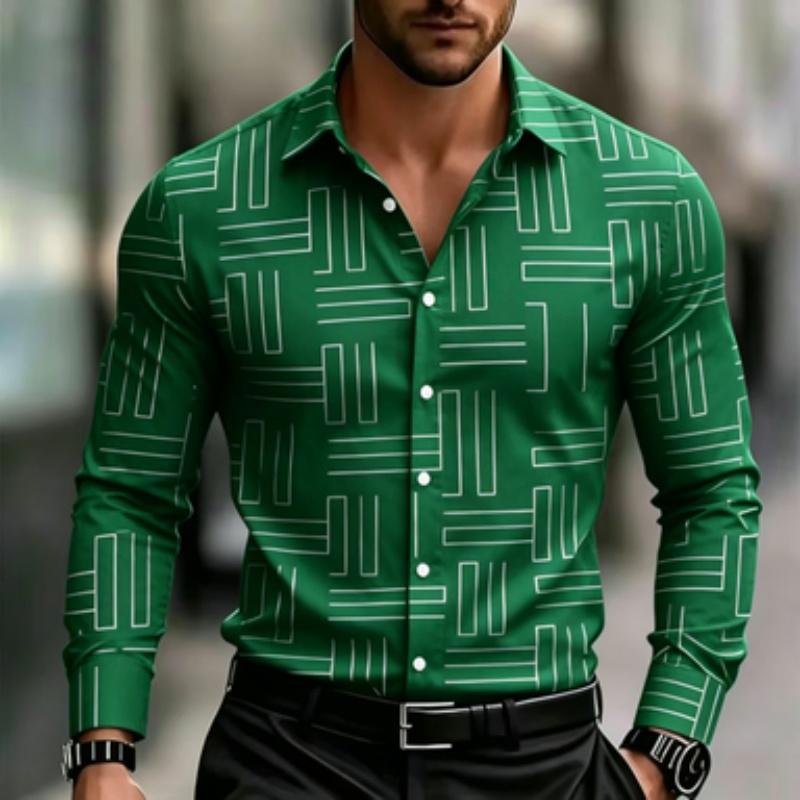 Men's Casual Geometric Lines with Digital Printing, Men's Long Sleeved Shirt, Fitted Version, Lapel Shirt, Trendy and Creative