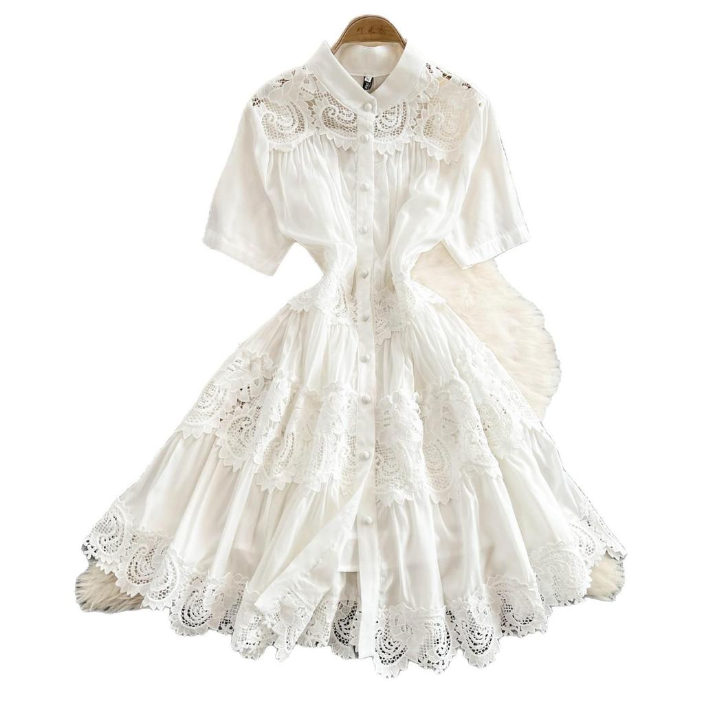 French Style Floral Pleated Square Neck Dress with Spliced Waist and Large Hem