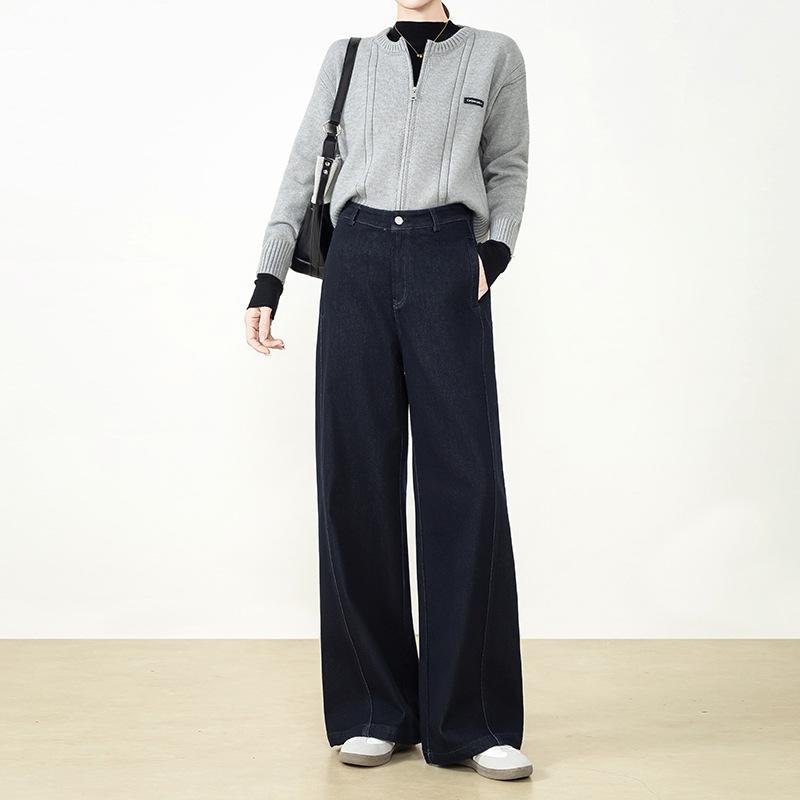 Flocking to keep warm is not easy to fade tannin blue straight jeans women's winter new dark blue loose wide-leg pants