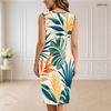 Women Plus Size V Neck Sleeveless Tropical Leaf Printed Bodycon Midi Dress