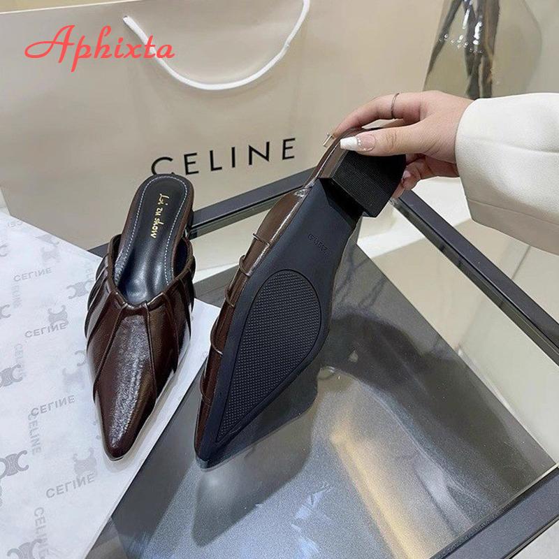 Aphixta High Heels Elegant Women Slides Pointed Toe Shallow Summer Dress Slides Sexy Pleated Design Patent Leather Slipper Shoe
