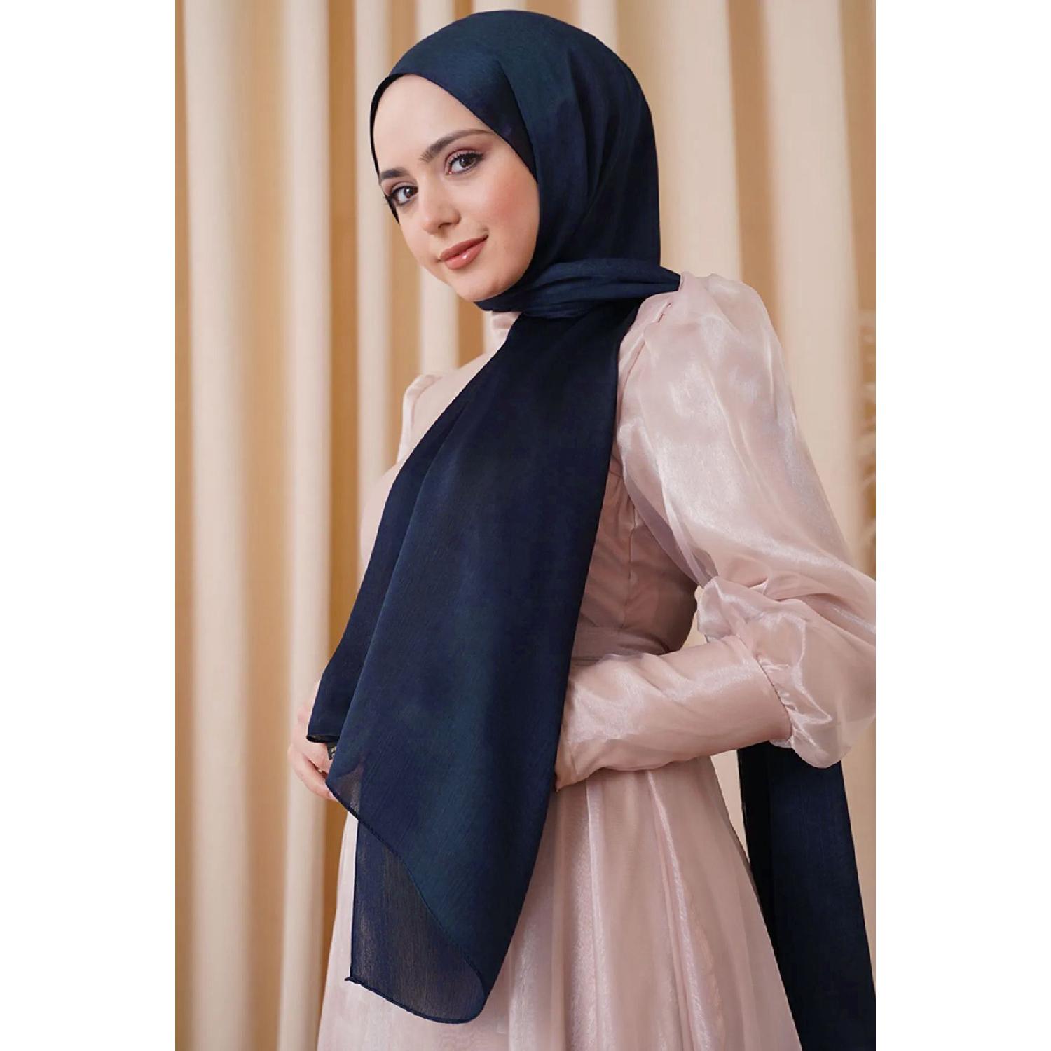 

Evening Dress Janjan Shiny Satin Textured Hijab Evening Dress Chiffon Navy Blue Shawl