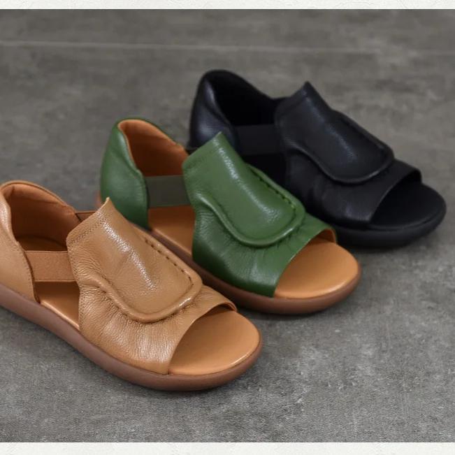 Johnature Simple Versatile Flat Sandals Genuine Leather Cowhide Hollowed Out Peep Toed Women's Shoes