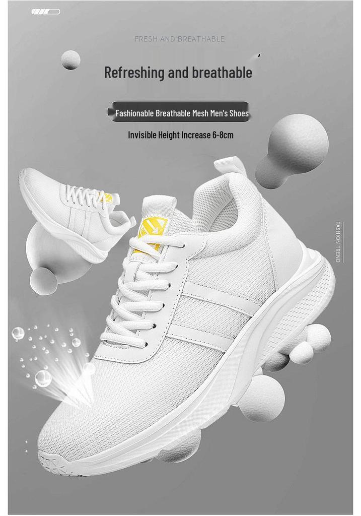 Men's Mesh Round Toe Lace-up Sport Shoes, 8CM Height Increase, Quick-dry Flat Sole, Casual Style
