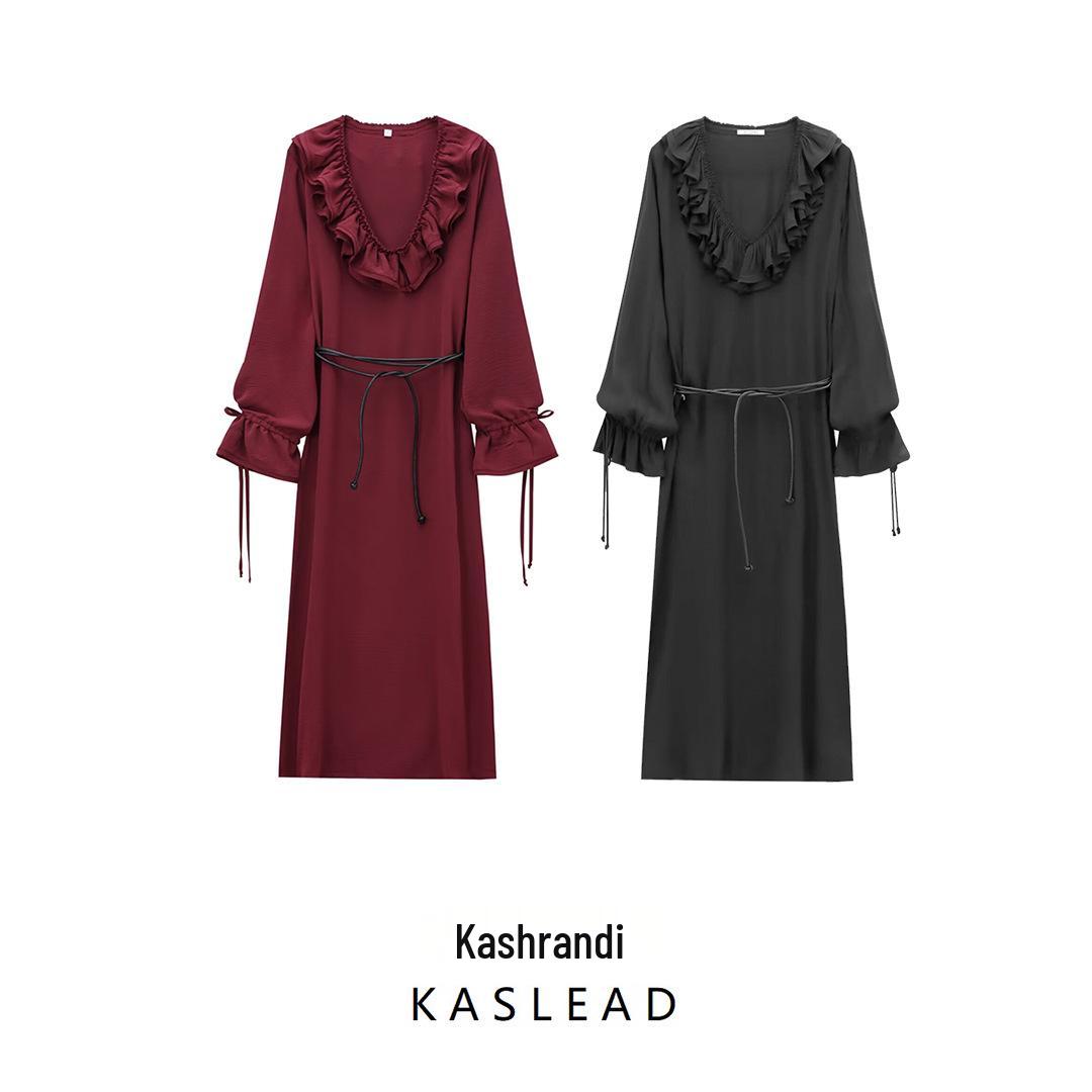 

2024 Winter Women s Layered Long Sleeve Midi Dress - European & American Fashion Style Medium червоний