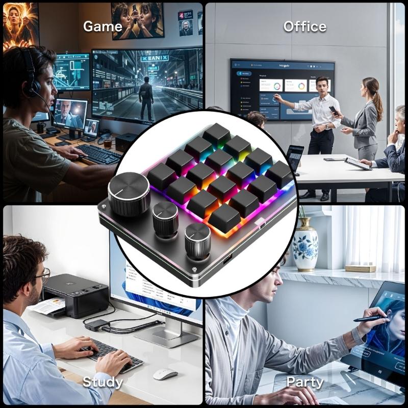 USB C Macro Keypad with 16-Key and 3 Knobs Programmable  Mechanical Gaming Keyboard for Efficiency Gaming and Office