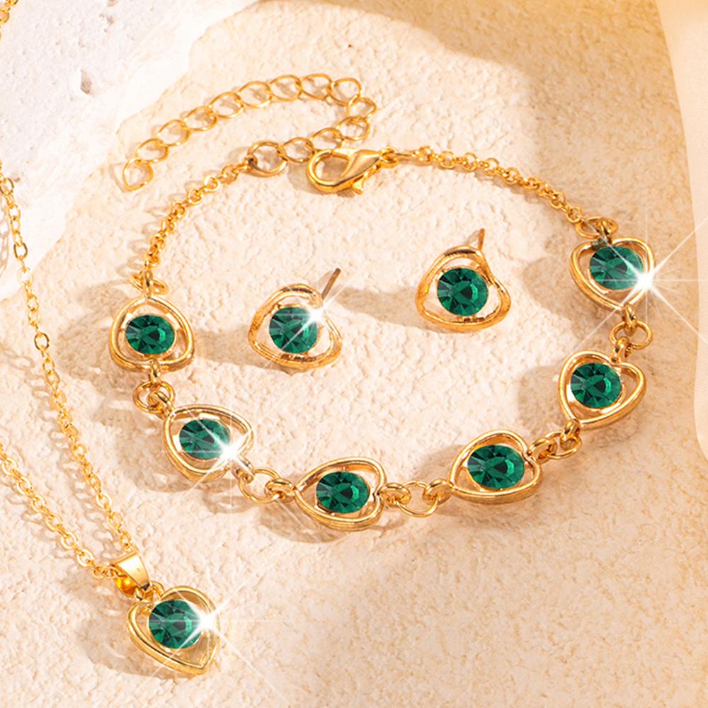 5 Piece Women Zircon Green Crystal Fashionable Temperament Necklace Bracelet Ring Earring Set Suitable For Parties Gatherings