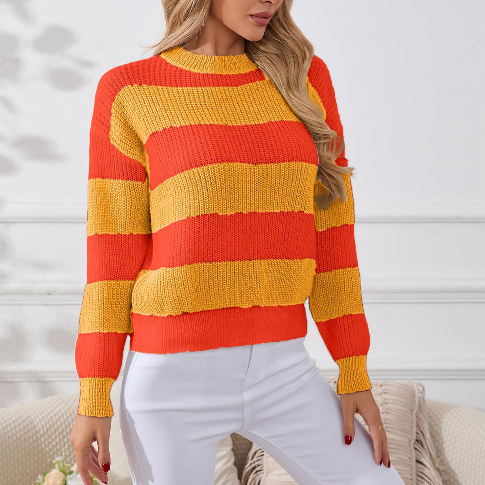 

Women s Striped Sweater, Loose And Laid-back, Long-sleeved Pullover, Round-neck Knitted Top XL шафрановый