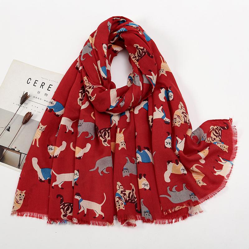 Women Printed Scarf Long Shawl Animal Luxury Designers Scarf Cute Cat Patterns Hijab Soft Viscose Hijab Women Floral Tippet