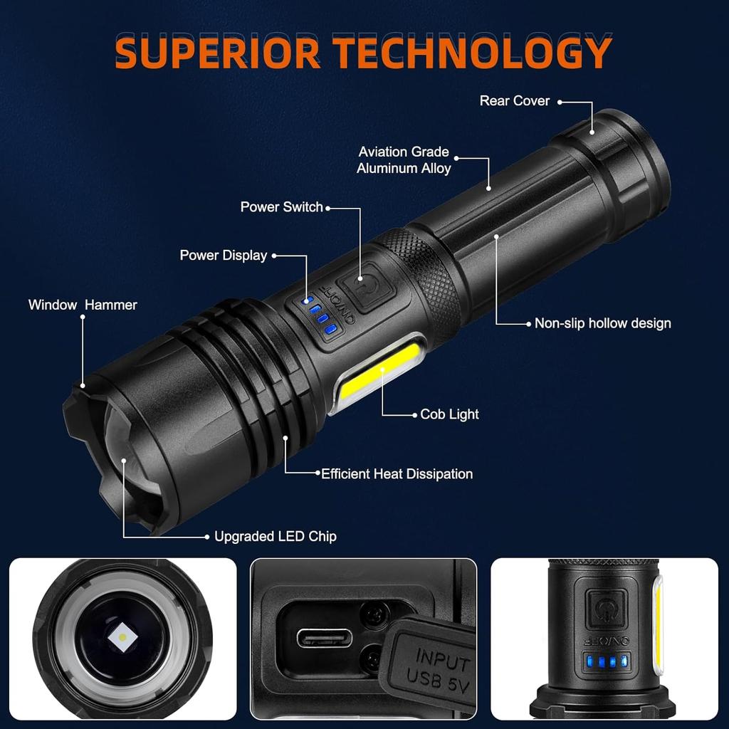 Rechargeable LED Flashlights High Lumens, 900,000 Lumens Super Bright Tactical Flashlight, 7 Modes with Cob Work Light, IPX7 Waterproof, Powerful
